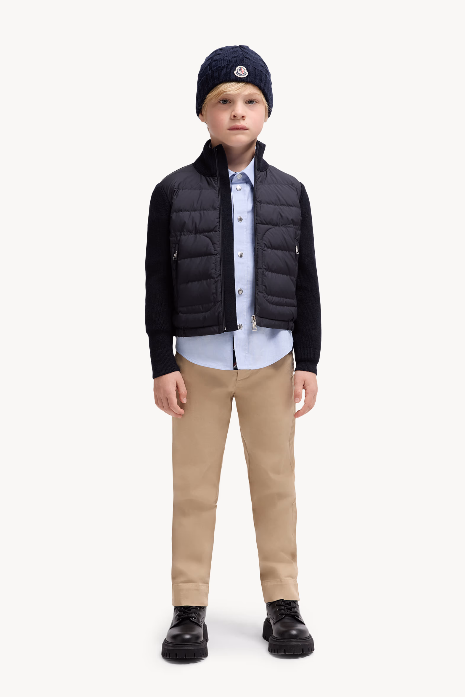 Padded Wool Blend Zip-Up Cardigan Boy Navy Blue Moncler 2